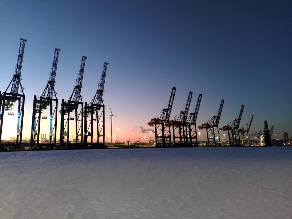 Havenkranen in de schemering