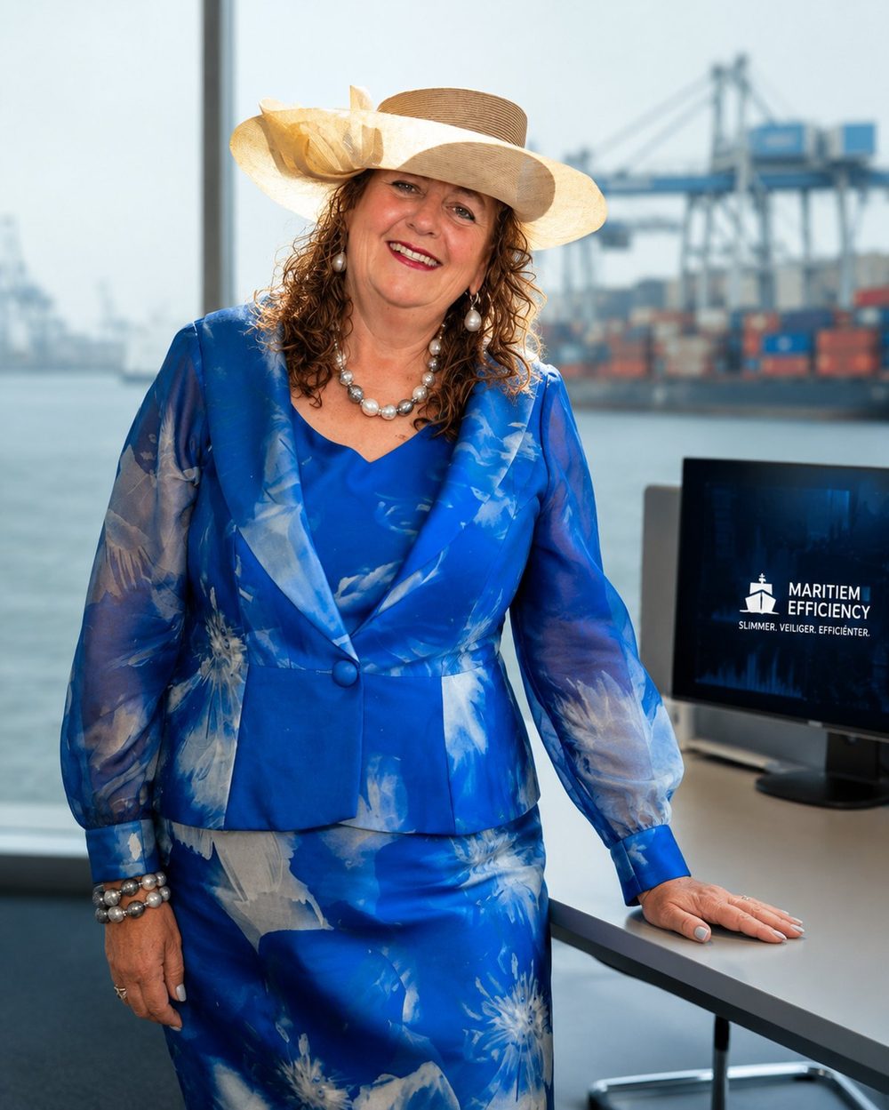 Sandra de Jong, oprichter van Maritiem Efficiency, met op de achtergrond een containerterminal